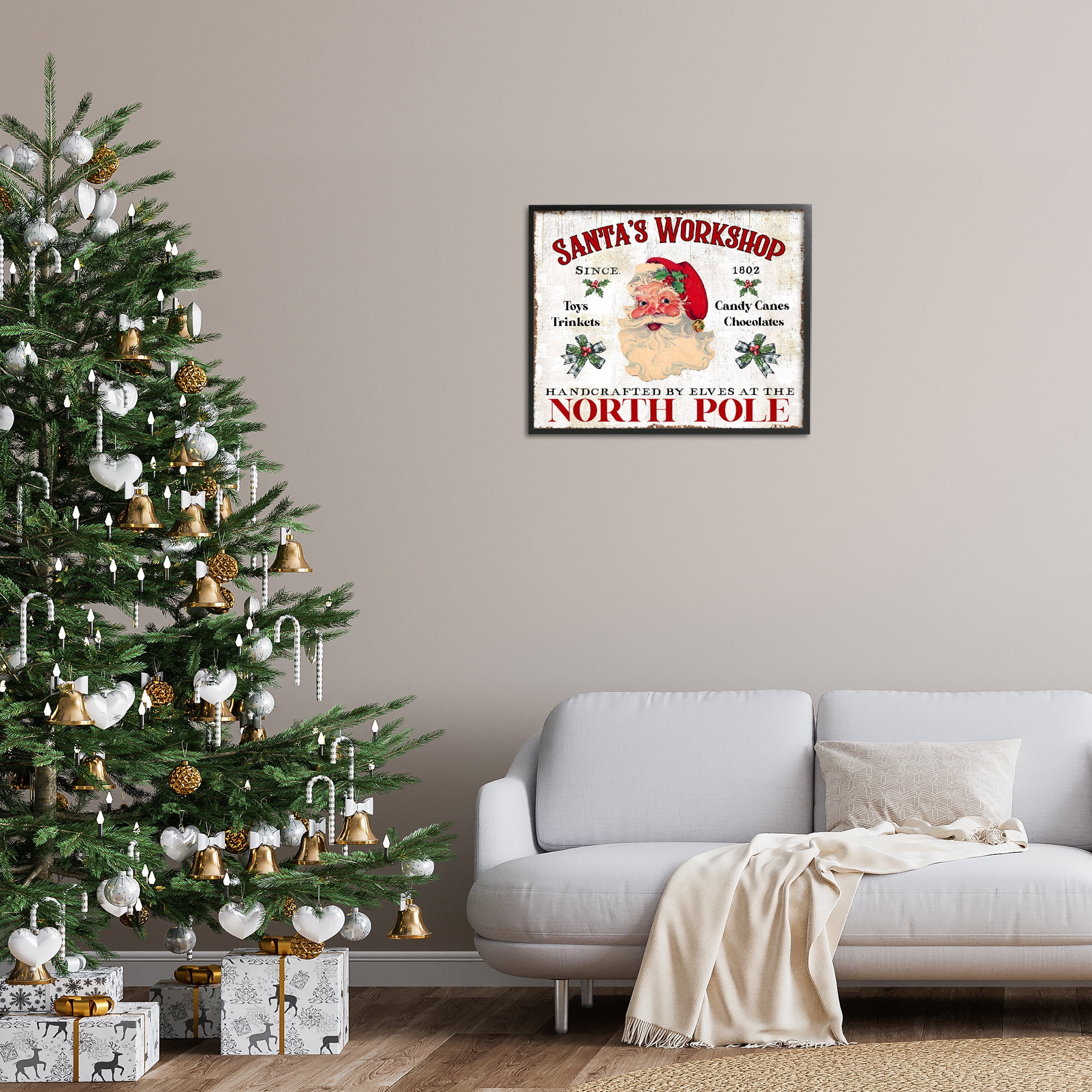 Stupell Industries North Pole Santa's Workshop Holiday Painting Black Framed Art Prints Wall Art, 30 x 24