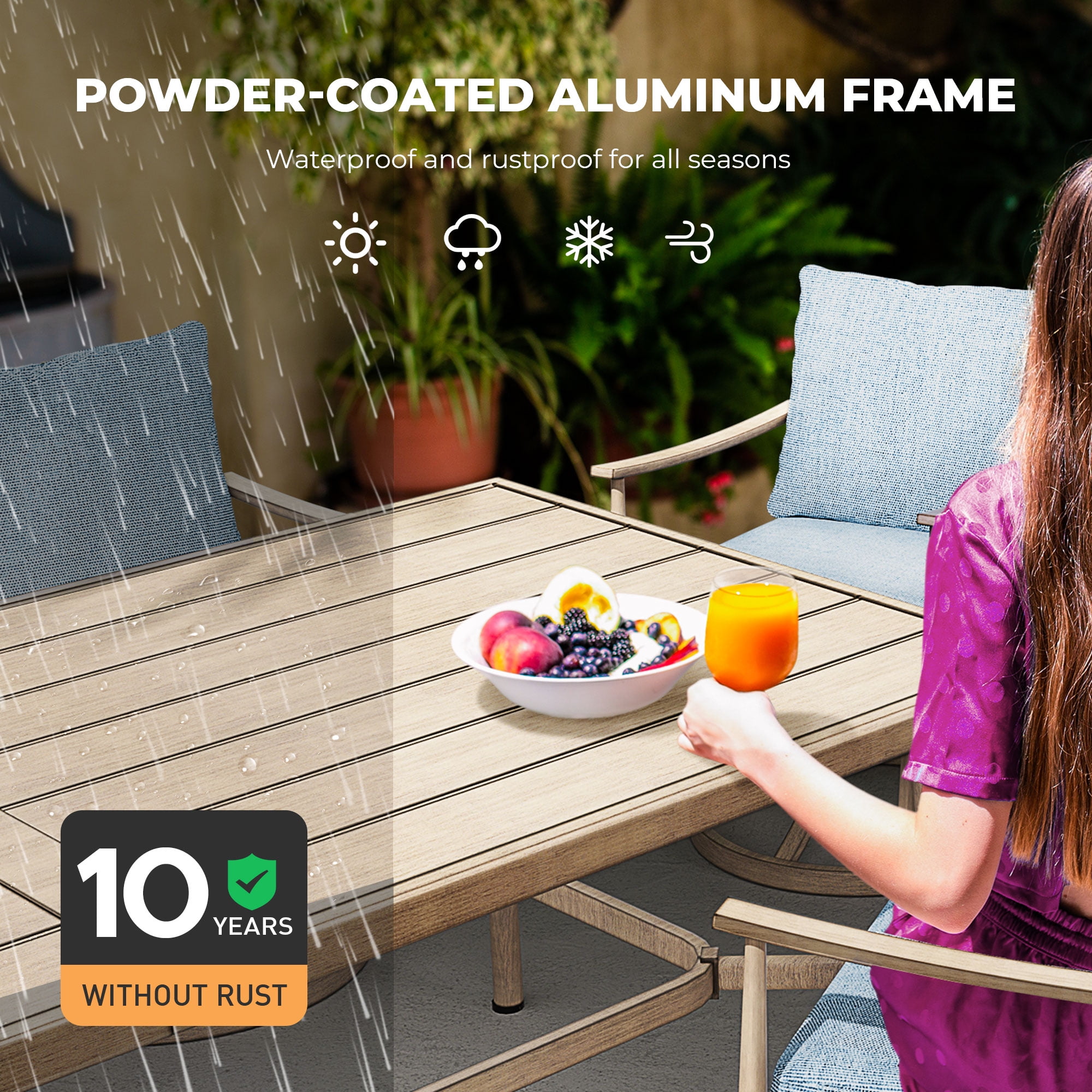 HAPPATIO 9-Piece Patio Dining Set for 8, Aluminum Outdoor Dining Set with Cushions, 8 Swivel Dining Chairs, 1 Large Rectangular Table with Umbrella Hole for Lawn, Porch, Backyard, Brown
