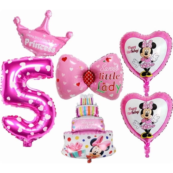 BCD-PRO 5th Birthday Girl Pink Balloons Mickey Mouse Minnie Mouse Themed 6 Pieces 35 Inch