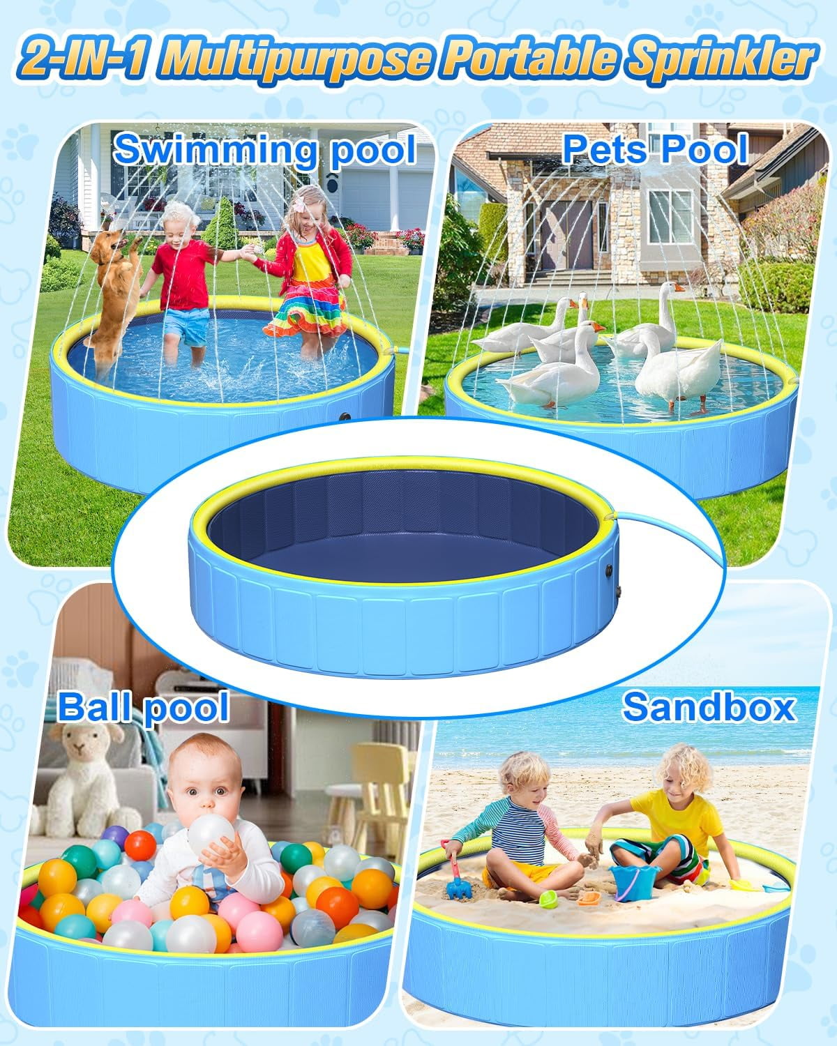 63" Thicken Large Dog Pool,Non-Slip Kiddie/Kids Pool Hard Plastic,2-in-1 Foldable Sprinkler Pet Pools,Portable Swimming Pools for Summer Outdoor Backyard