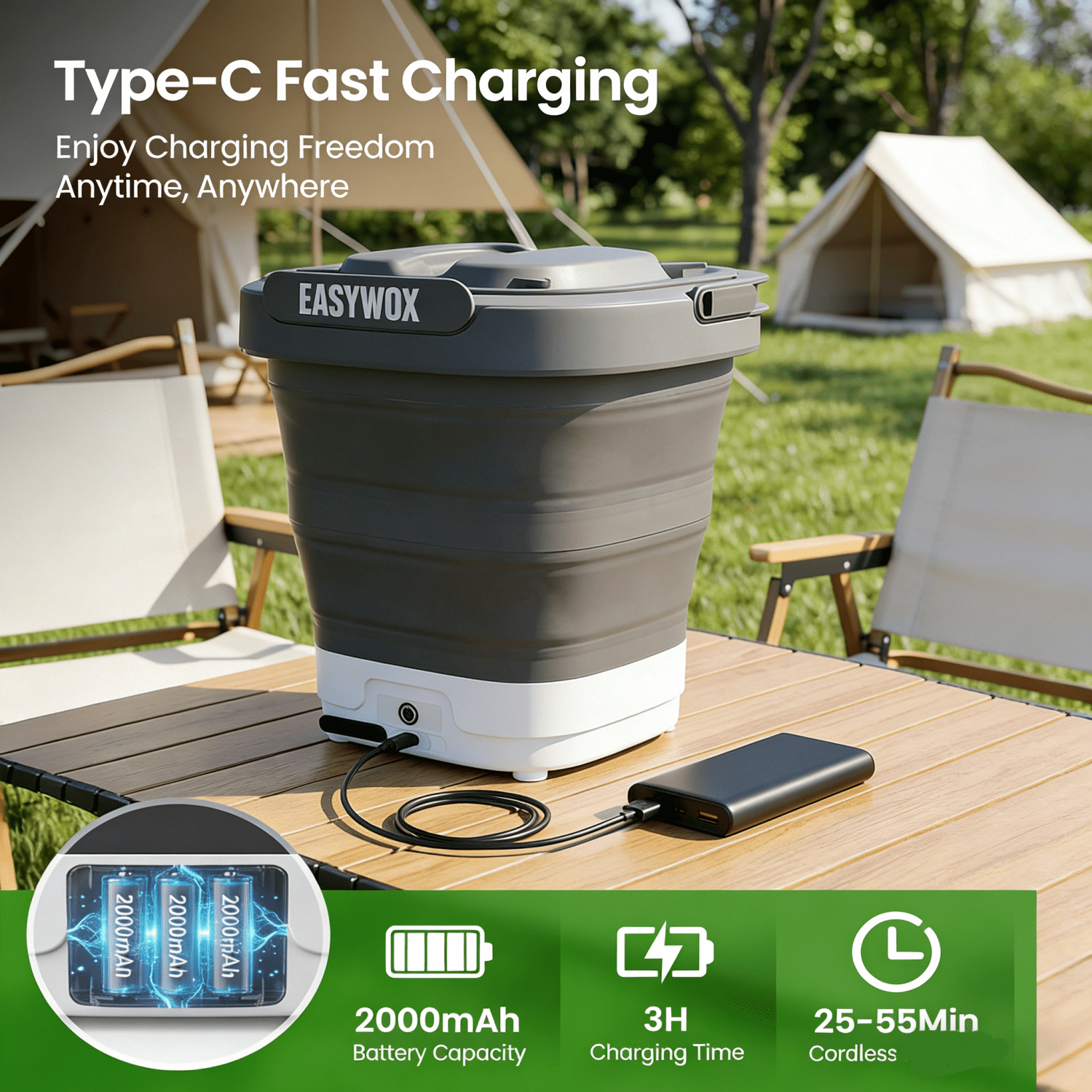 EasyWox Cordless Electric Pressure Washer, Foldable Portable, 3.2 gal Tank, 290 PSI, 4-in-1 Nozzle, Type-C Charging for Camping Car Bike Pet Garden
