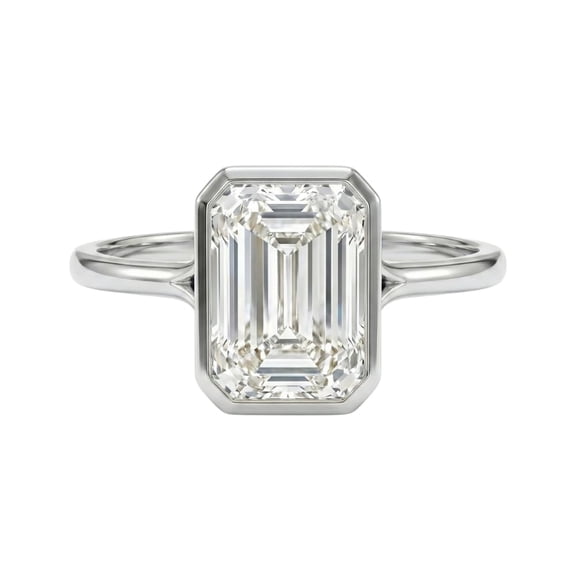Emerald‑Cut Moissanite Engagement Ring 2.5 CTTW Bezel Set Small Split Shank 925 Sterling Silver, Rhodium Plated Or 14K Yellow Gold Plated, Gift for Her