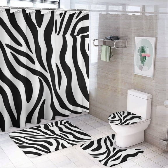 4 Piece Shower Curtain Sets Black And White Zebra Print with Non-Slip Rugs Toilet Lid Cover And Bath Mat Zebra Striped Printed Bathroom Decor Sets for Bathtub Decor 72inch X 72inch
