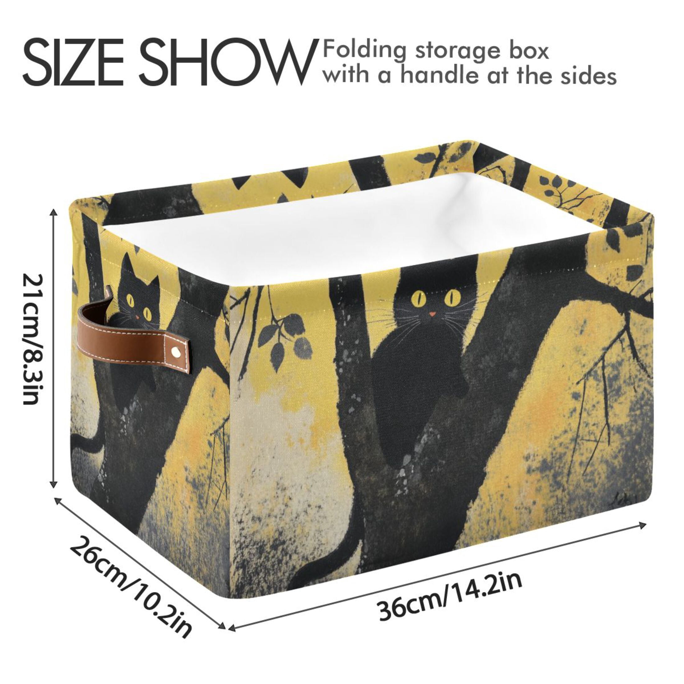 WOBOGO Black Cat on Branch Square Storage Basket with Waterproof Canvas and PE Lining Durable PU Leather Handles 14.2×10.2×8.3in