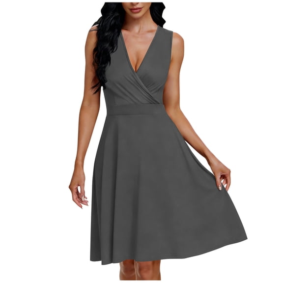 Summer Business Casual Dresses Women Office Work Semi Formal Sleeveless Party Cocktail Tank Dress with Pockets Gray, S