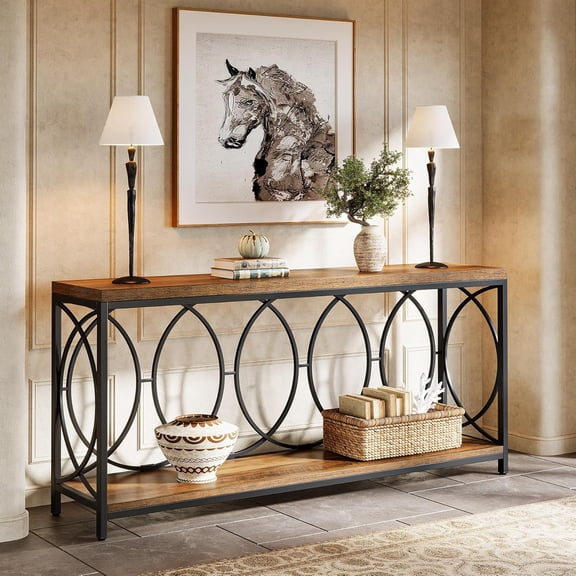 Finmind 70.9-Inch Extra Long Console Table, 2-Tier Industrial Table Behind Couch with Storage Shelf