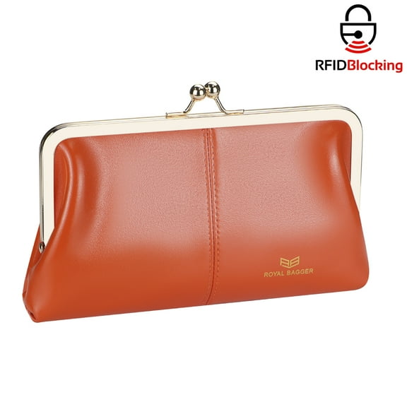 Royal Bagger RFID Genuine Leather Wallet for Women, Kiss Lock Clutch with Multi-Card Slots, Vintage Card Holder Purse 2468