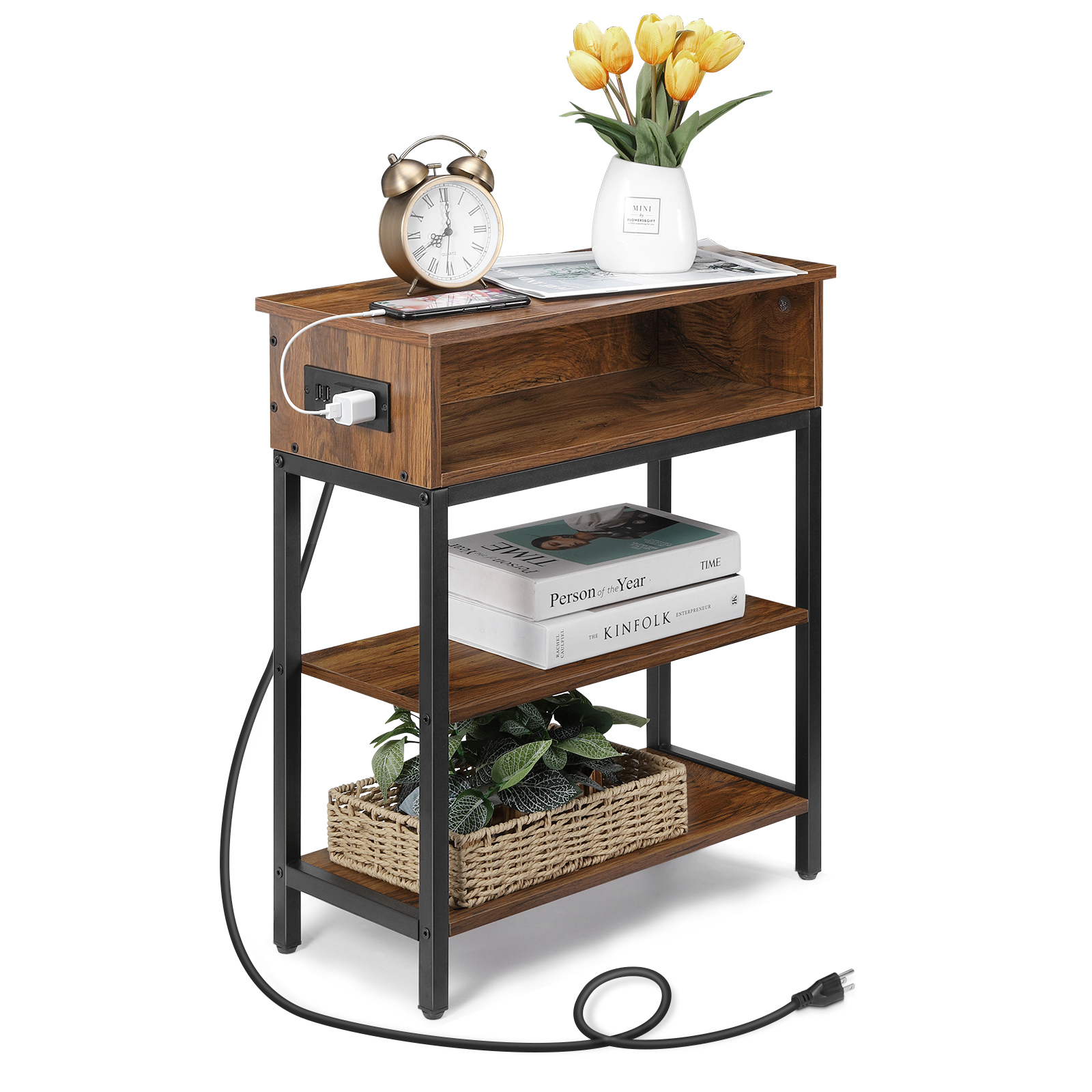 End Table with USB Ports and Outlets, Nightstands with Storage Shelves