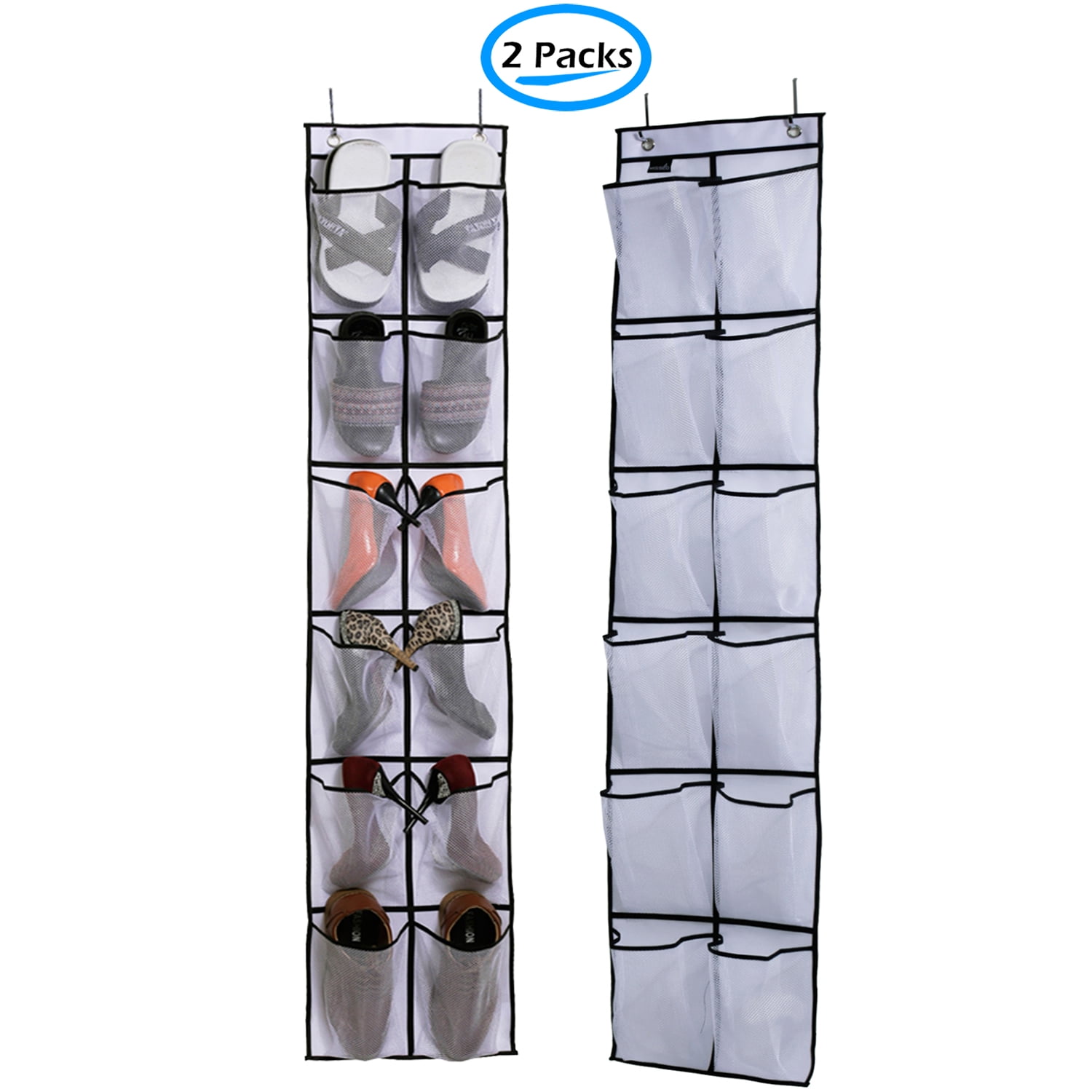 MISSLO 12 Mesh Pockets Over The Door Shoe Organizer Hanging Narrow Closet Door Shoe Rack for Pantry Storage Holder, 2 Packs, White
