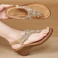 thumbnail image 4 of Womens Wedge Sandals Heeled Flip Flops Bohemian Beaded Elastic Ankle Strap Comfortable Footbed Beach Shoes Beige Size 6, 4 of 6