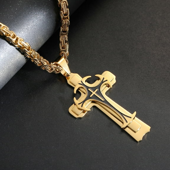 Fashion Men's Vintage Flat Handmade Necklace With Multilayer Golden Black 14K Yellow Gold Cross Pendant Necklace Jewelry