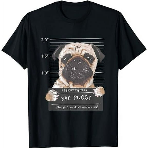Cute Pug Mugshot Bad Puggy Puppy Humor Funny Dog T-Shirt