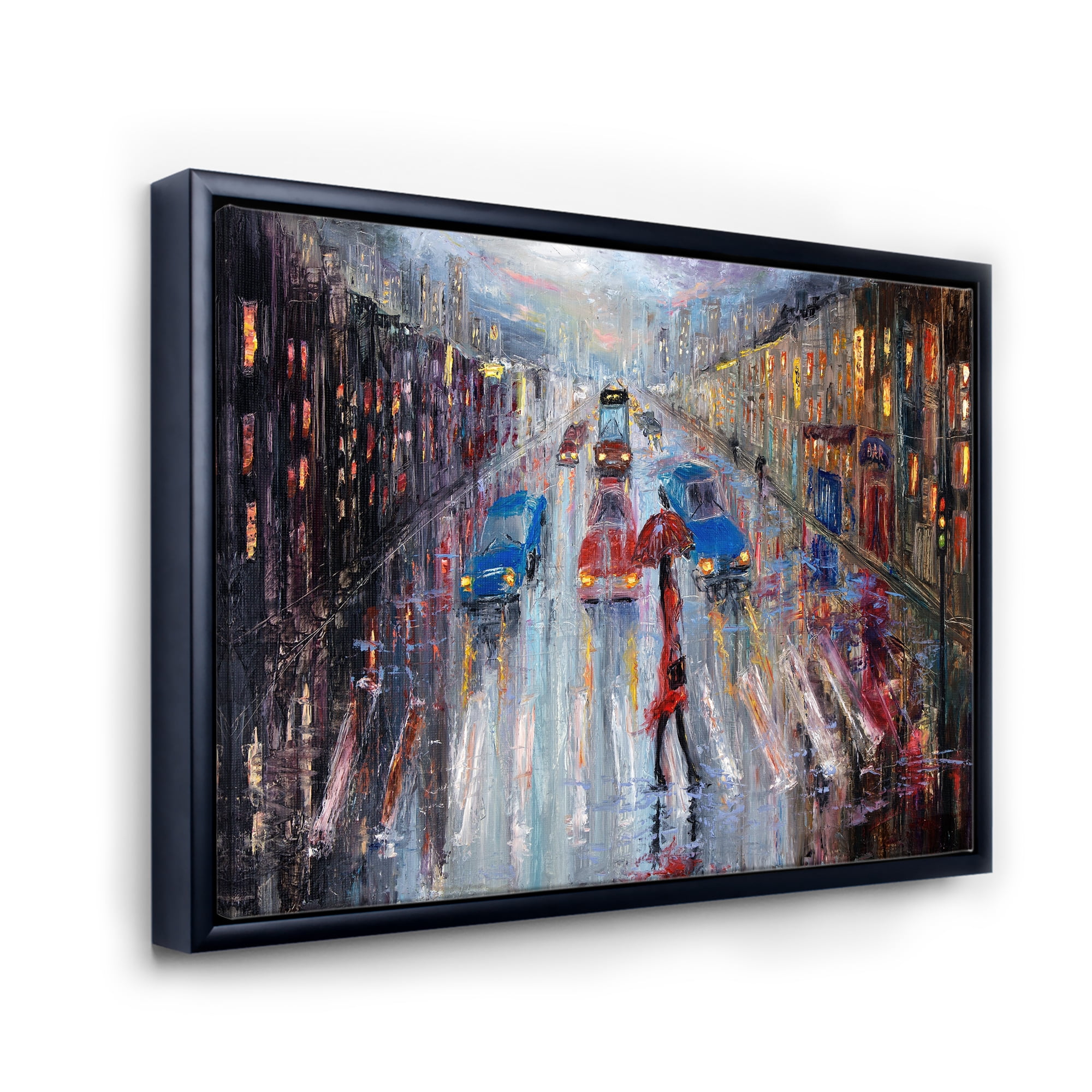 Girl In Red Crossing The Street 20 in x 12 in Framed Painting Canvas Art Print, by Designart