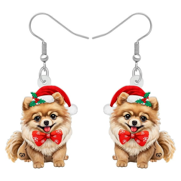 NEWEI Christmas Day Acrylic Adorable Christmas Bow Tie Pomeranian Dog Earrings Santa Hat Puppy Dangle Jewelry For Women Dog Lovers Trendy Birthday Holiday Party Gifts