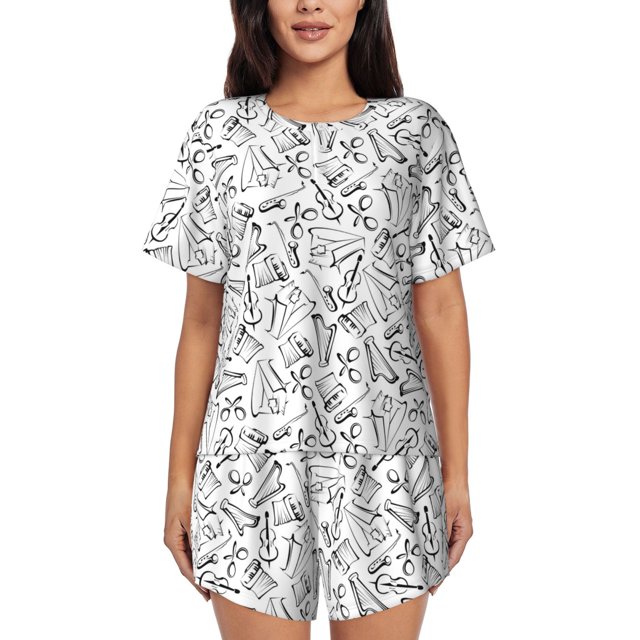 Fotbe Black White Music Conjunto de Pijama Estampado para Mujer, 2 Piezas, Ropa de Dormir con Camiseta de Manga Corta y Shorts Suaves-Large