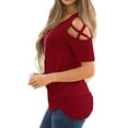 thumbnail image 2 of QELUSQELUS Women Top Short Sleeve Hollow Cross Straps Solid Leisure T-Shirt, 2 of 3