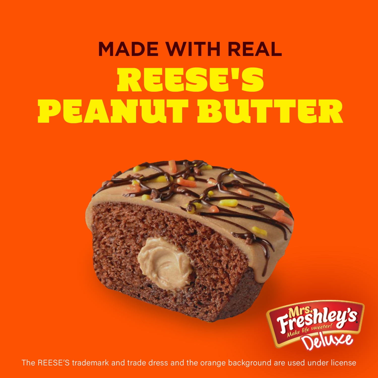 Mrs. Freshley's Deluxe Reese's Peanut Butter Cupcakes, 6 Count, 6 Individually Wrapped Snack Cakes, Shelf-Stable