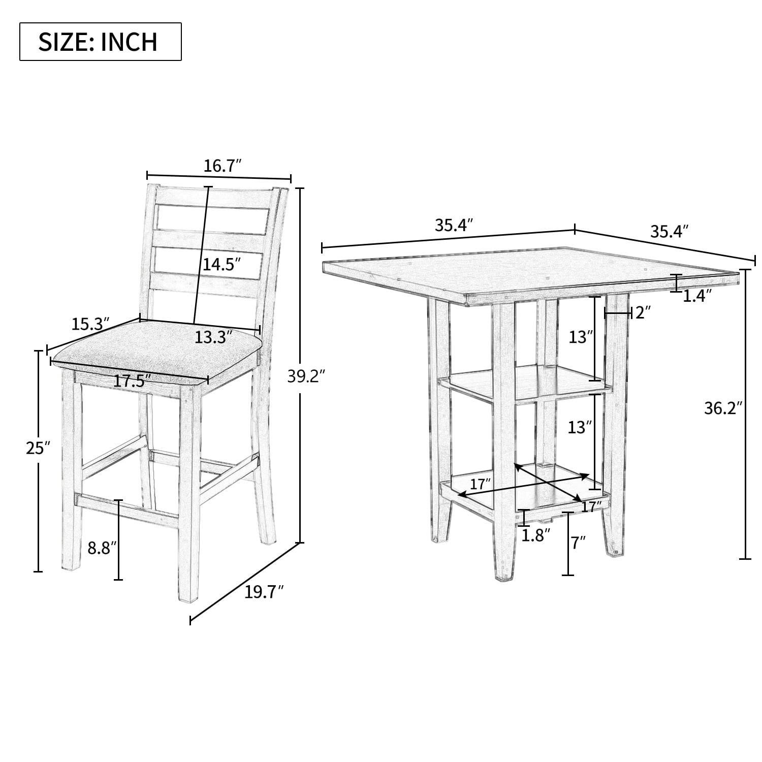 Euroco 5-Piece Counter Height Dining Table Set for 4,Wood Dining Table with 4  High Back Chairs & Open Storage Shelves,Kitchen Table Set for Small Space