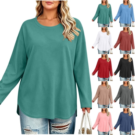 Asxite Women Plus Size Fall Winter Tops Round Neck Long Sleeve Solid Casual Shirts