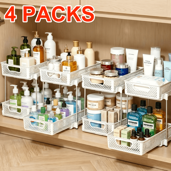 4 Pack Pull Out Bathroom Organizers and Storage, 2 Tier Stackable Under Sink Storage Organizer for Bathroom, Kitchen Cabinet, Pantry, and Medicine Holder, Organization and Storage - White