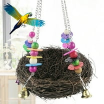 Visland Bird Nest, Natural Rattan Colorful Beads Bell Hanging Nest Roosting Bird House Cages Garden Window Outdoor Decoration for Parakeets Conures Macaws Parrots Love Birds Finches