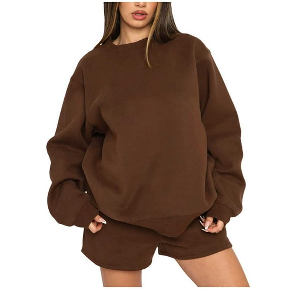 DailyTrove Women's Long Sleeve Drop Shoulder Sweatshirt & Short Set - Solid Color, Oversized Fit, Summer & Casual Daily Wear,Coffee