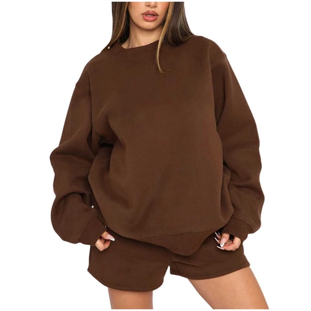 Ensemble de Chandail à Capuchon Deux Pièces pour Femmes 2023 Col Rond Chandail à Manches Longues Mode Décontractée Shorts Ensemble de Chandail en Molleton en Liquidation