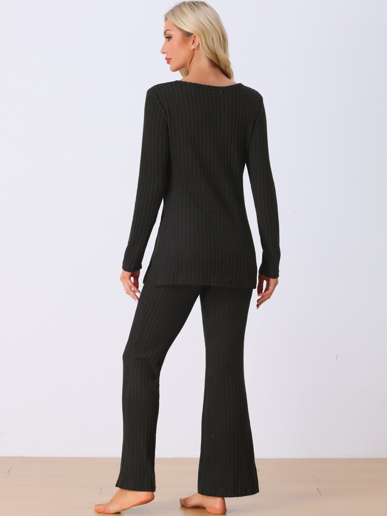 DARING DIVA Women's Ribbed Knit Lounge Set Pajama Sets Matching Outfits XS Black