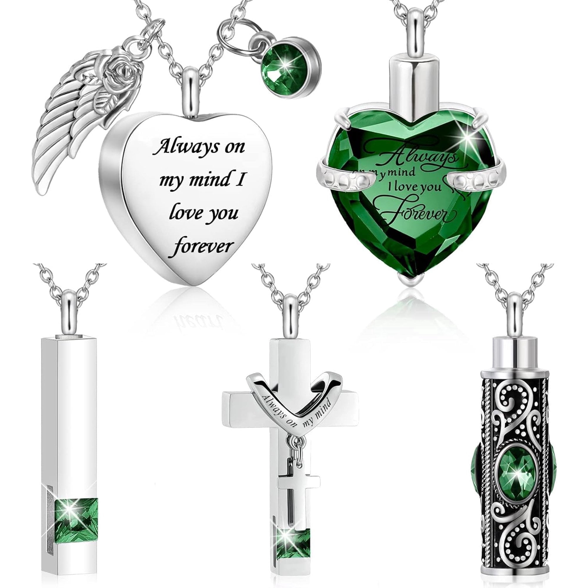5 Pcs Urn Necklace for Ashes Keepsake Cremation Heart Cross Cubic Jewelry for Ashes Stainless Steel Memorial Locket Ashes Keepsake Necklace for Women Men Loved Ones, 5 Styles