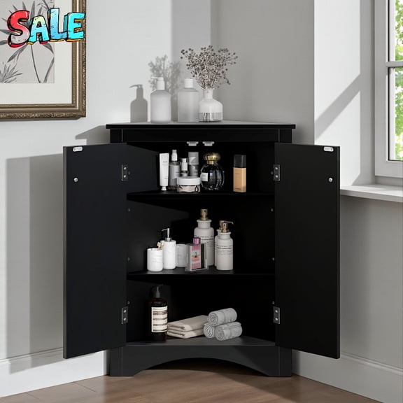 Tcbosik Modern Corner Cabinet, 31.5"H Floor Standing Triangle Storage Organizer with Adjustable Shelves for Books, Toiletries, and Home Decor, Black