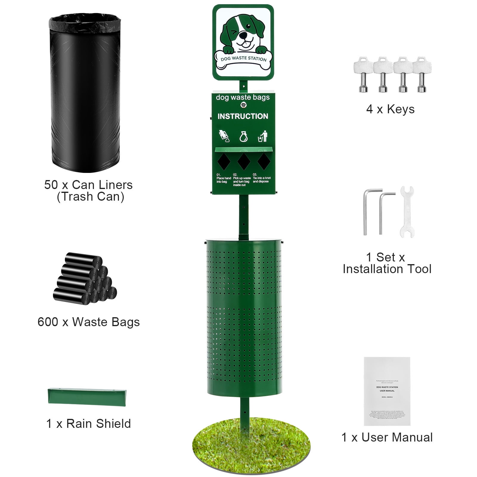KFFKFF Canine Refuse Station, Business-grade Dog Excrement Station, 11.5 Gallons Animal Waste Container with 50 Bin Liners, Bag Distributor & 600 Disposal Bags