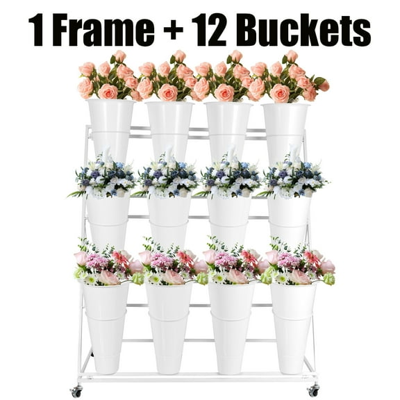 Flower Display Stand with 12 PCS Round White Buckets, 3 Layers, Revolving, Metal Frame, Movable Metal Plant Stand, Plant Stand with Wheels for Living Room, Florist Supplies