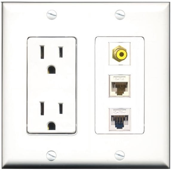 RiteAV - 15 Amp Power Outlet 1 Port RCA Yellow 1 Port Cat5e Ethernet White 1 Port Cat6 Ethernet Ethernet White Decorative Wall Plate