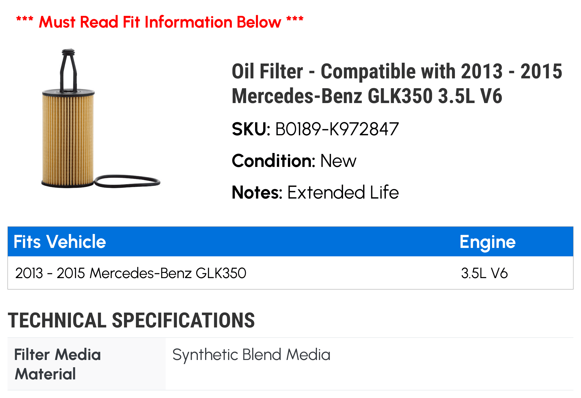 Oil Filter - Compatible with 2013 - 2015 Mercedes-Benz GLK350 3.5L V6 2014