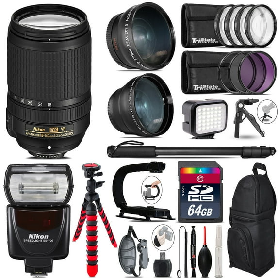 Nikon DX 18-140mm VR + SB-700 AF Speedlight - LED LIGHT - 64GB Accessory Kit (International Version)