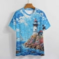 thumbnail image 3 of Lighthouse Sunrise Coast Scenery Pale Blue Tan Women's T-Shirt Short Sleeve T Shirts Tops Tee Ladies Loose T, 3 of 6