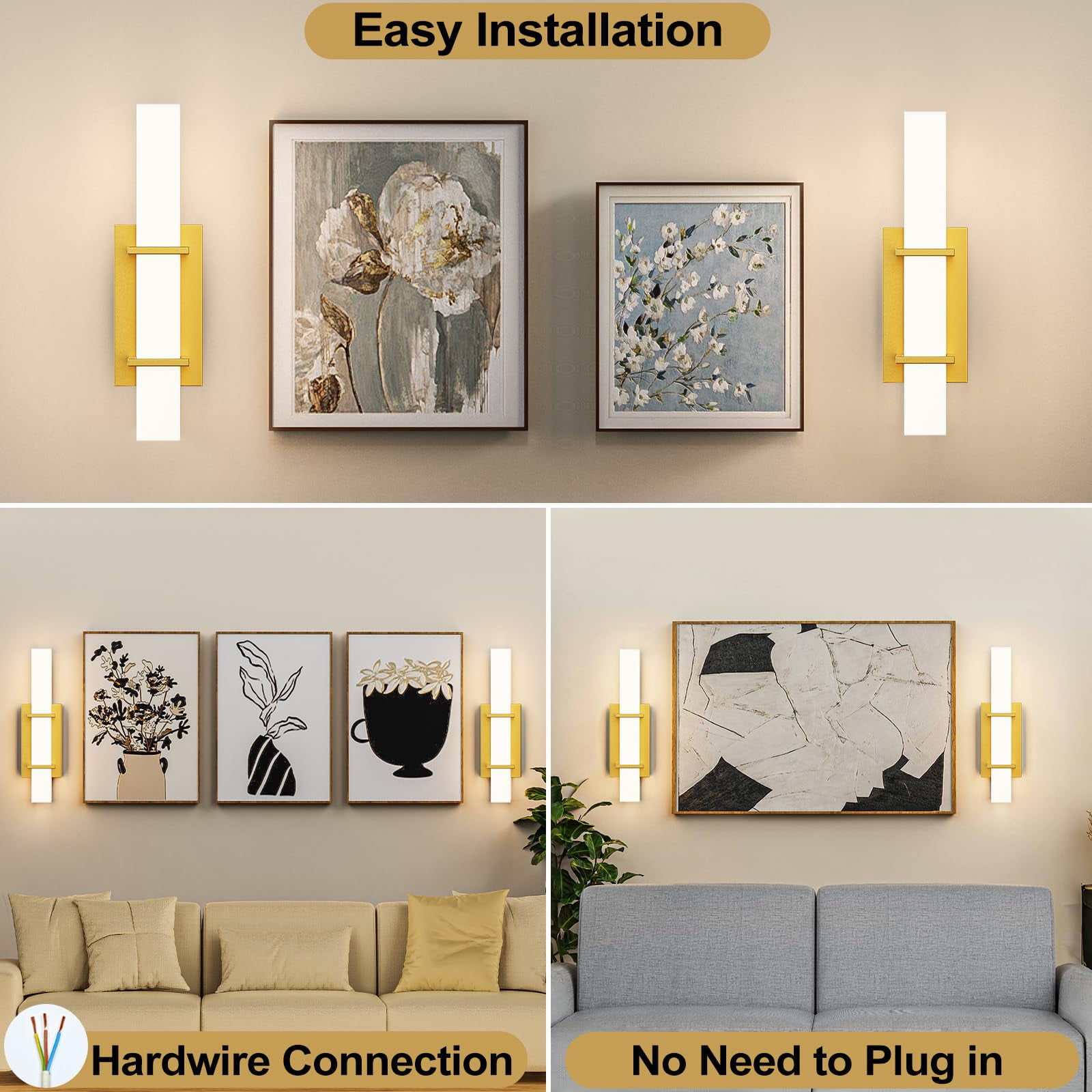 2-Pack 22W Dimmable LED Wall Sconce, 17.6 Inch Modern Gold Bathroom Vanity Light with Acrylic Shade, Hardwired Mirror Lights for Bathroom, Bedroom, Living Room
