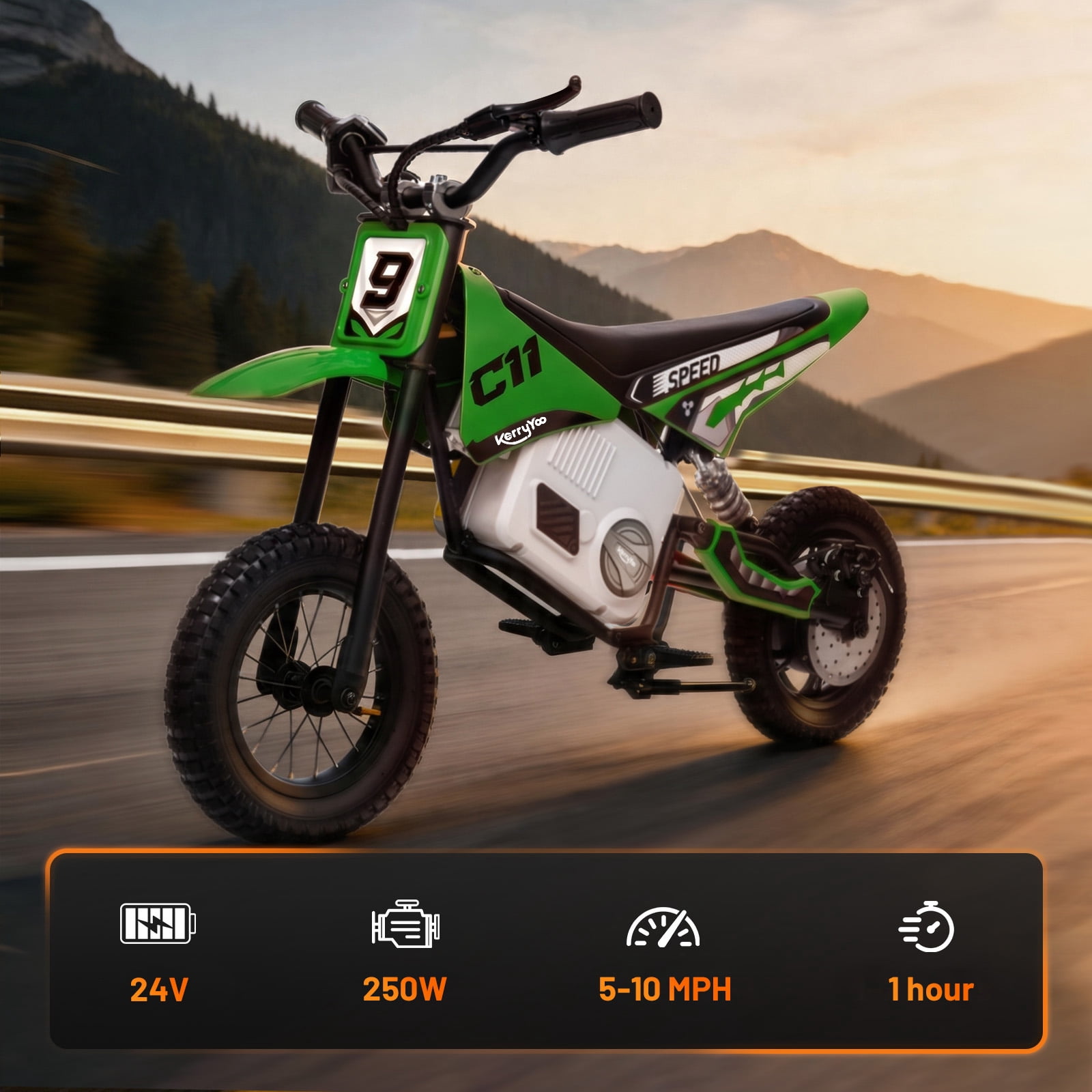 Electric Dirt Bike for Kids 6+, 24V Motorcycle, Electric Motorbike, 5-10 mph, High/Low Speeds-Green