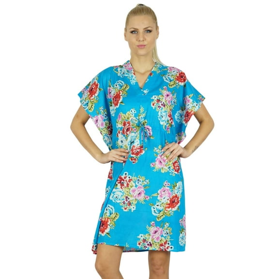 Bimba Women Cotton Kaftan Bridesmaid Short Blue Floral Caftan