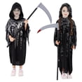 thumbnail image 2 of Disfraz de Halloween de la Parca para niños, capa negra con gafas brillantes, traje de asesino de terror de película de guadaña, 2 of 5