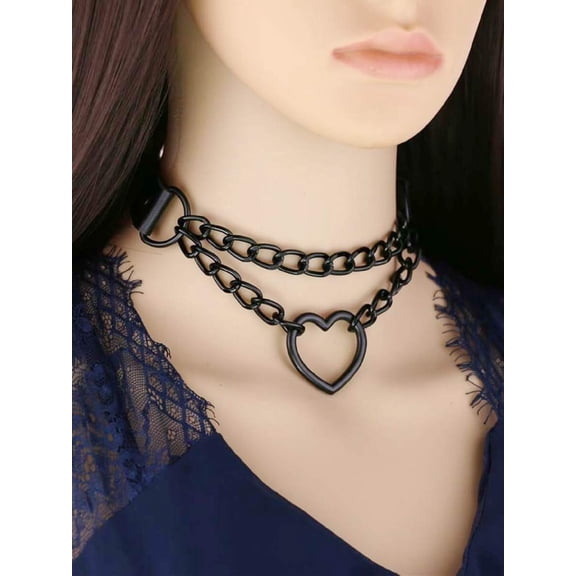 Black Layered Chain Choker With Heart Charm