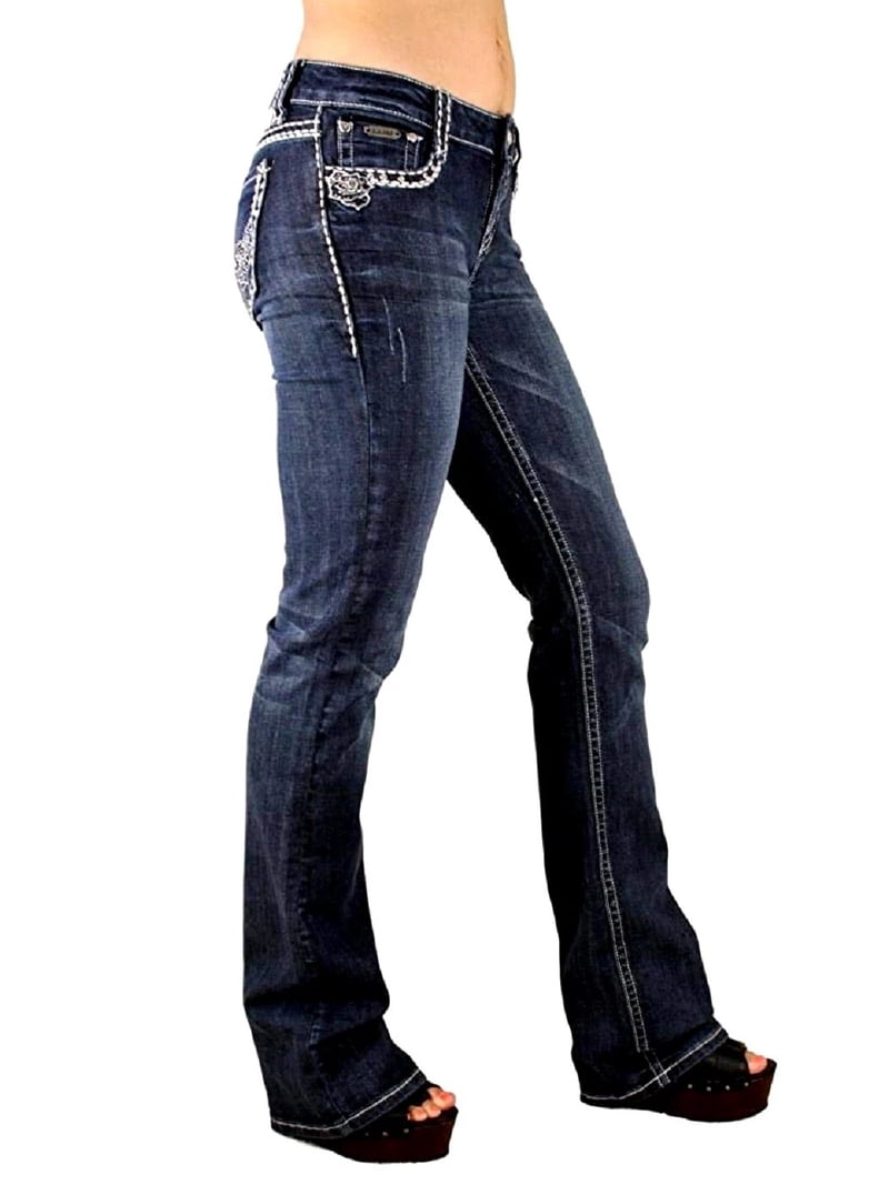 Jack David Women's Rhinestone Mid Rise Bootcut Stretchy Jeans 3440