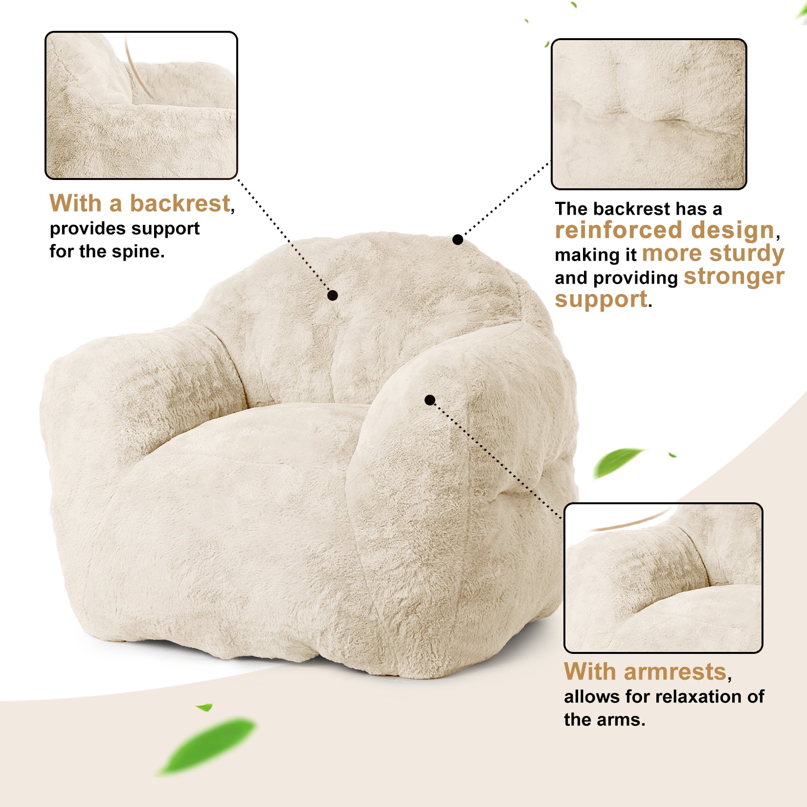 Zzistar Giant Bean Bag Chair Sofa, Hign Density Foam Filled Sofa Chair with Armrest, Large Bean Bag Couch for Adults and Kids, Beige