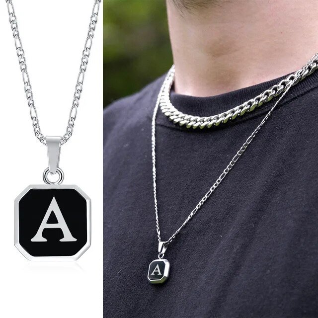 . A-Z Initial Letters Men Necklaces Geometric Pendant with Box Cuban Rope Chain Stainless Steel Square Simple Collar