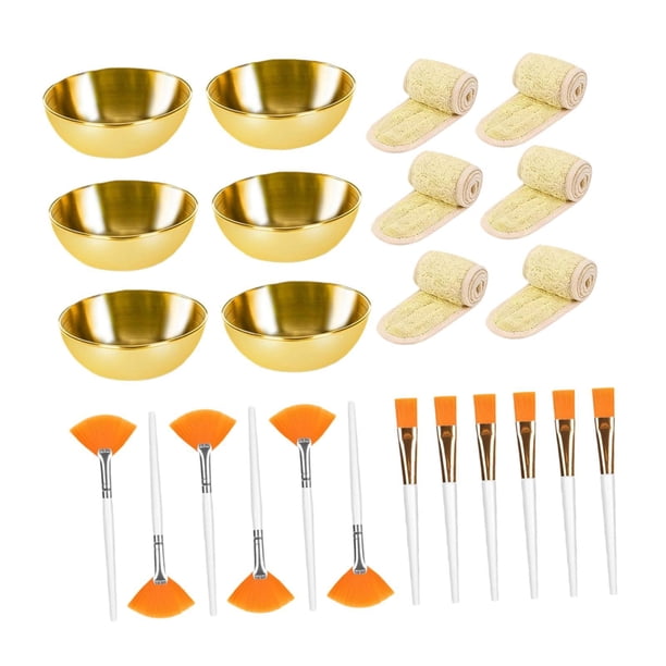 Juego de cuencos, pinceles y diademas de acero inoxidable para el cuidado de la piel en casa. 24 piezas