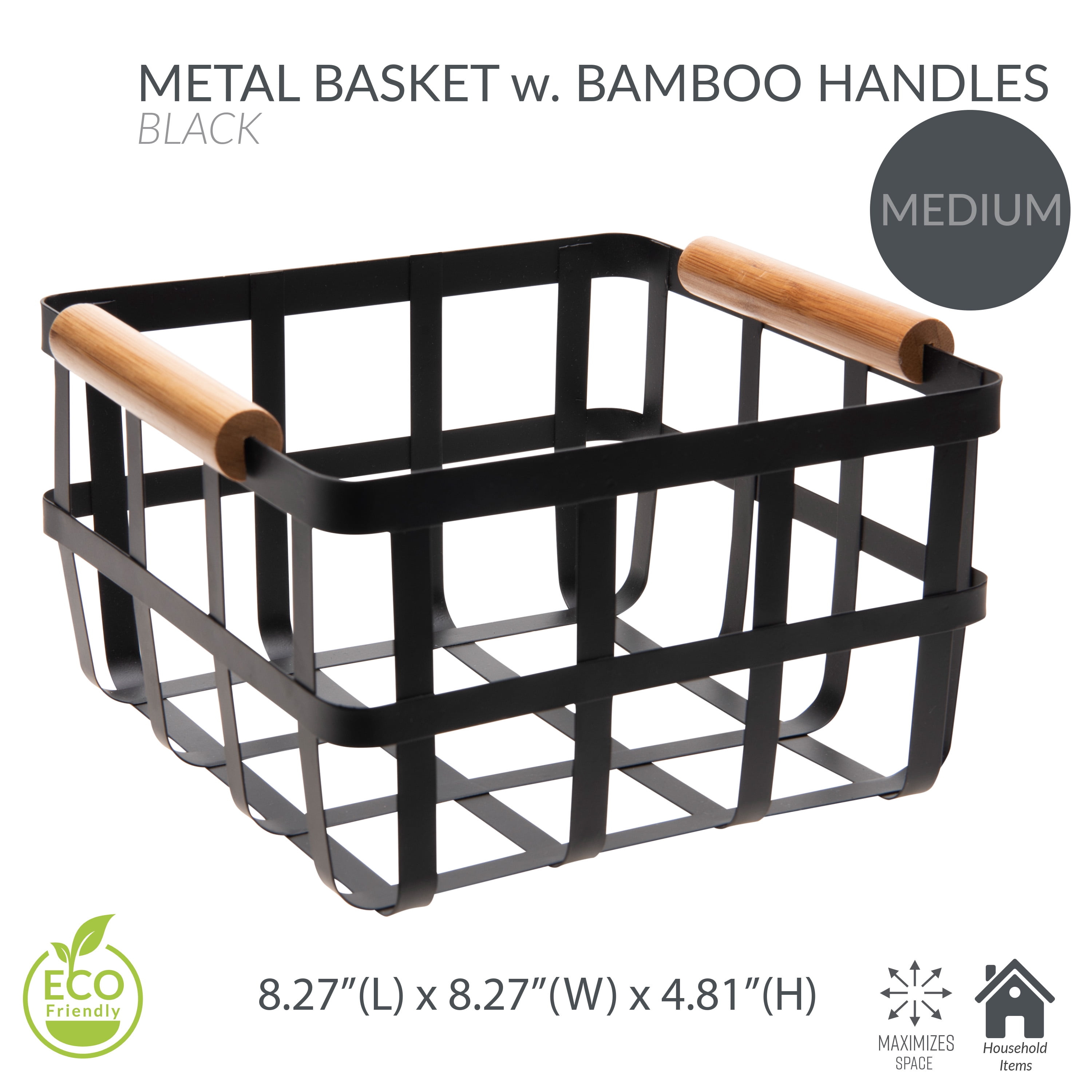 Simplify 4 Pack Square Metal Decorative Storage Basket with Bamboo Handles in Black