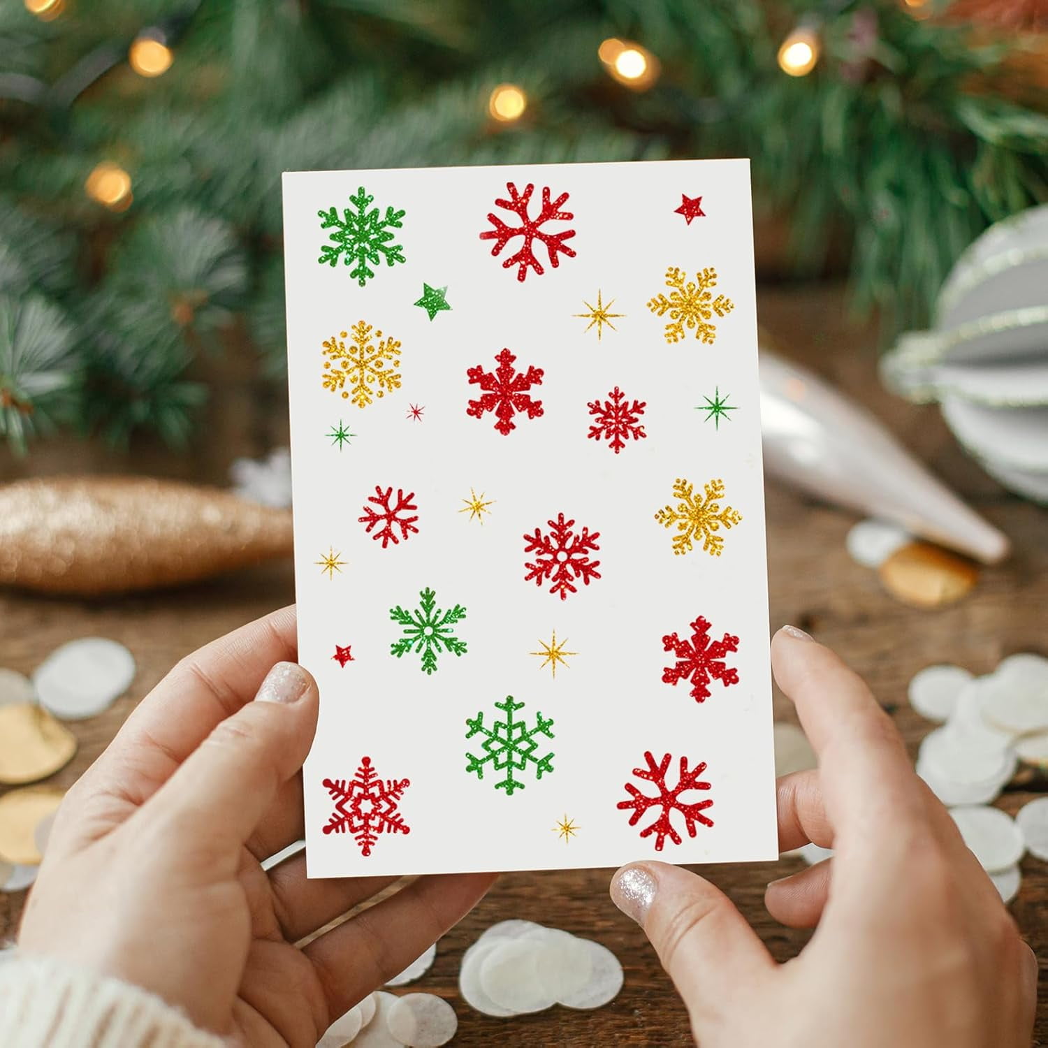 330Pcs Winter Christmas Stickers Glitter Red Green Gold Snowflake Self-Adhesive Decals for Xmas Home Party DIY Crafts Supplies, 10 Sheets