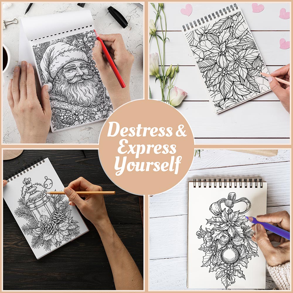 Netecom Christmas Large Print Coloring Book Spiral Bound for Adults, A5 Wooden Cover, 30 Nostalgic Coloring Pages in Cozy Christmas Day for Stress Relief and Relaxation
