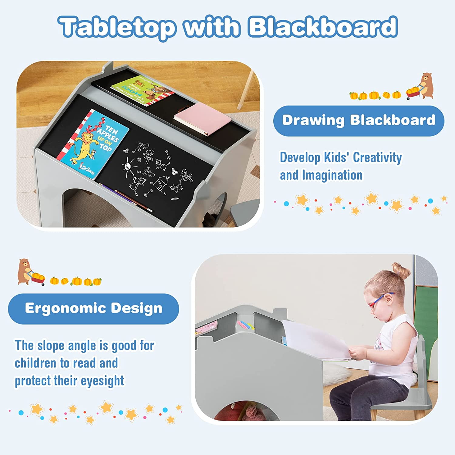 OLAKIDS Kids Table and Chair Set, Sturdy Wood Multi Activity Table with Blackboard for Playing Drawing Reading Arts Crafts, 3 Piece Children Furniture for Playroom Home School Classroom