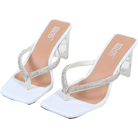 

CoCopeaunts Women\‘s Heeled Sandal Rhinestone Clear Heels Sandals Strappy High Block Chunky Slip On Dress Sandals for Party Weeding